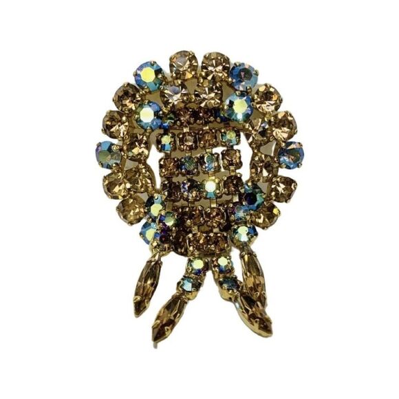 Vintage Austrian Crystal Aurora Borealis Shimmering Dangle  Gold Tone Brooch - Picture 5 of 8